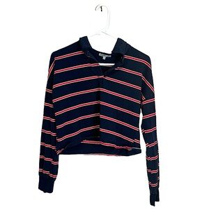 Charlotte Russe Navy Cropped Hoodie Sweater with Red & White Stripes